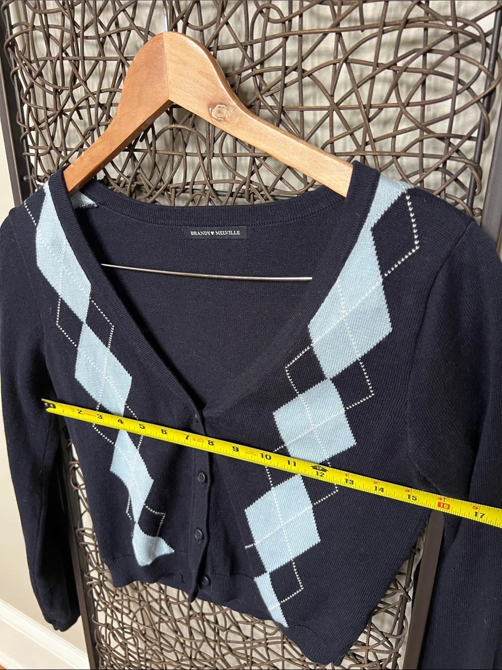 Brandy Melville Argyle Cropped Cardigan Navy sky Blue White Carolina Colorway XS